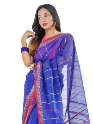 Blue Cotton Saree with matching paar. Designed with all-over thread work.