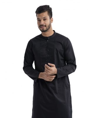 Black fitted Panjabi in Cotton fabric. Stylish pin tucks placket with metal button opening on the chest.